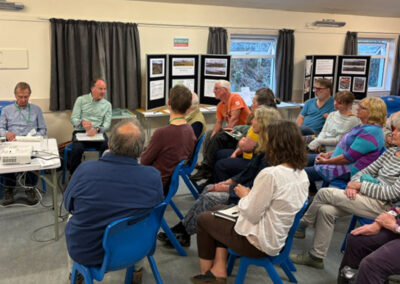 a group of people in a village hall